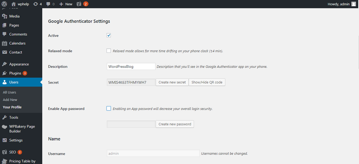 Google Authenticator Settings