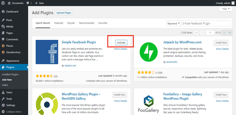 Activate Simple Facebook Plugin Activate Simple Facebook Plugin