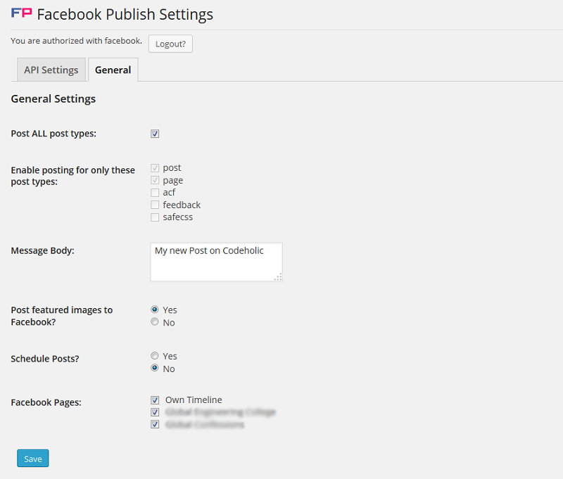 Facebook Publish General Setting