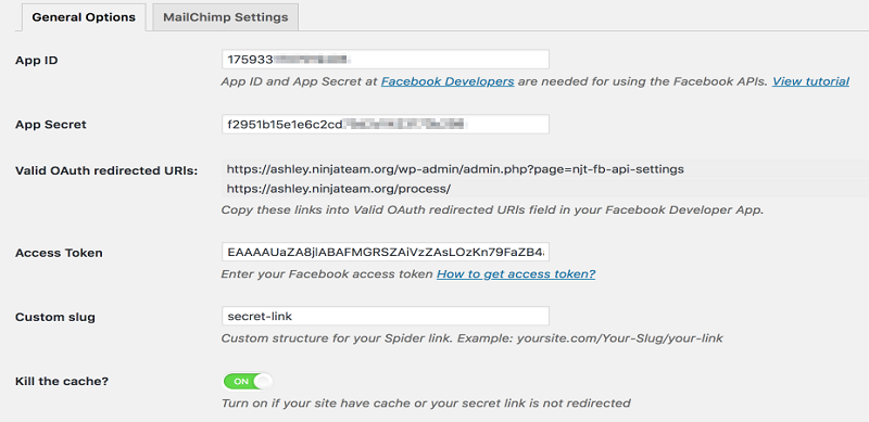 Facebook Spiderlink Settings