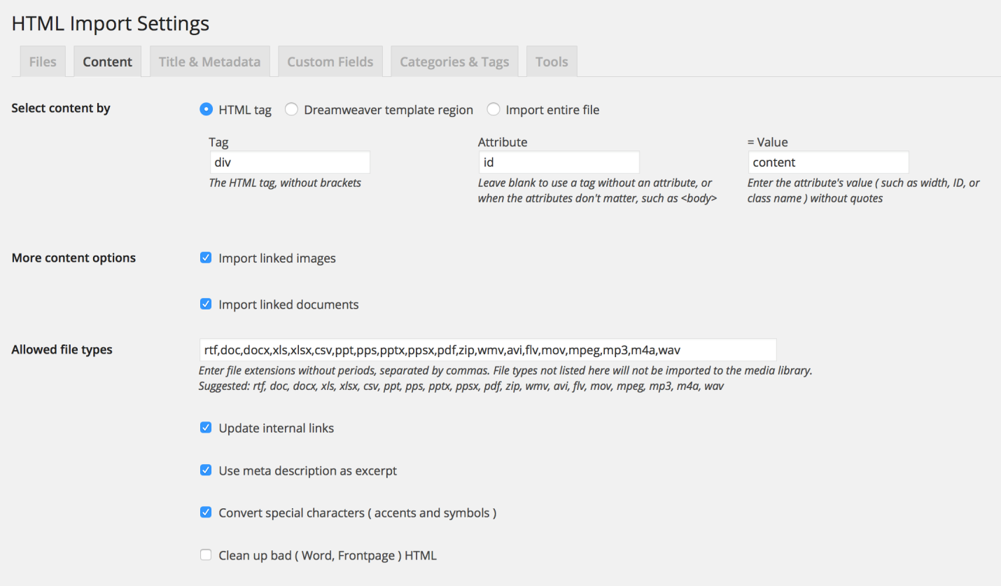 HTML Import Setting