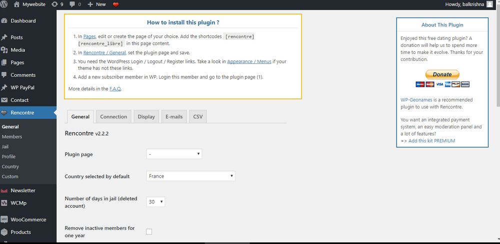 In dashboard go to Rencontre and configure the plugin