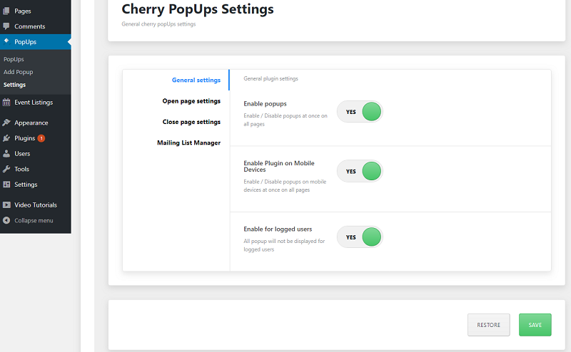 Cherry Popups Plugin Settings