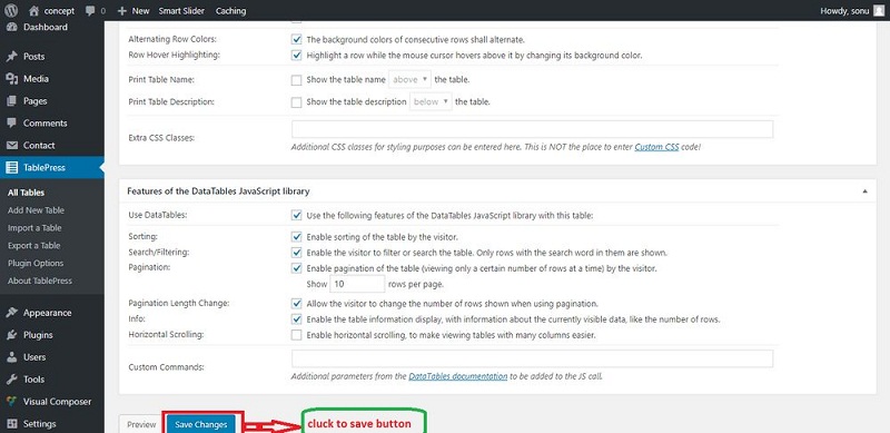 TablePress Save Settings