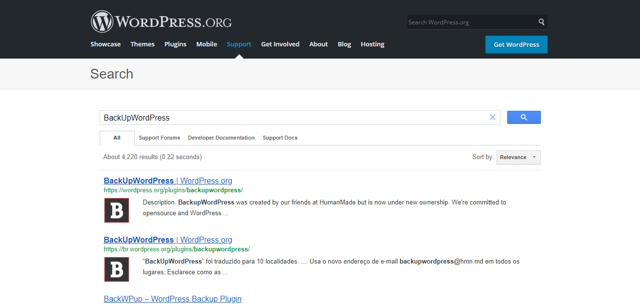 BackUpWordPress Plugin Search