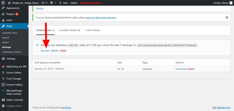 BackUpWordPress Run Now