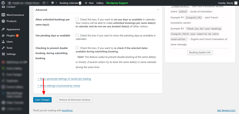 Booking Calendar Settings Changes