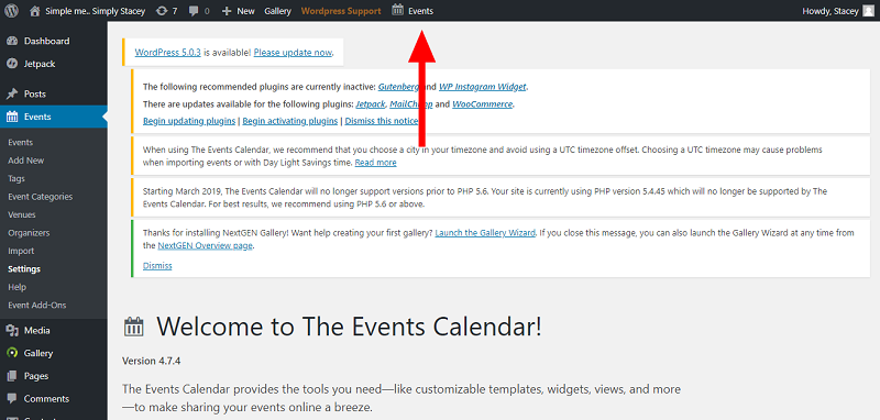 Events Calendar Plugin Dashboard