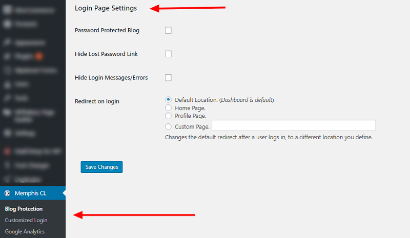 Memphis Custom Login Settings