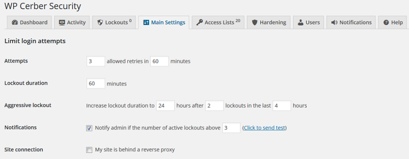 cerber security settings