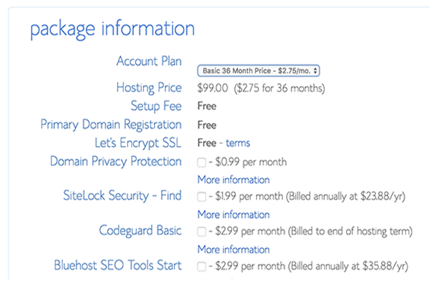 Bluehost Package Information Bluehost Package Information