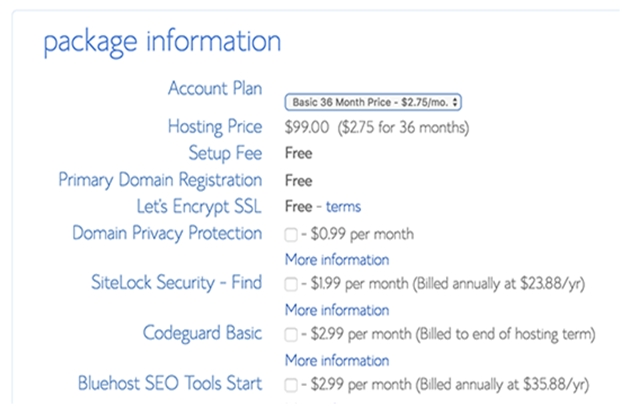 Bluehost Package Information