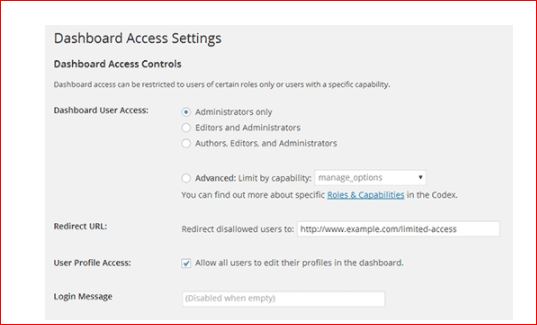 Dashboard Access plugin in WordPress