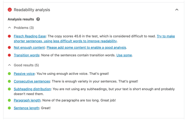 Readability Analysis Yoast SEO plugin