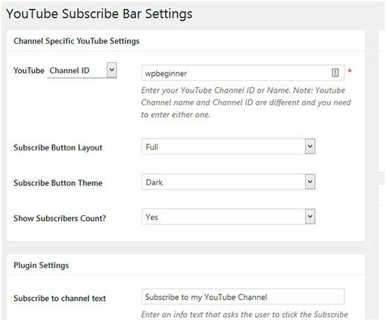 Youtube Subcribe Bar Settings